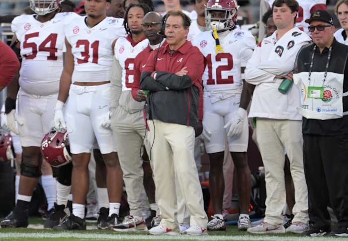 Alabama Crimson Tide HC Nick Saban during the 2023 CFP loss to Michigan. (Photo by Jayne Kamin-Oncea of USA Today Sports)